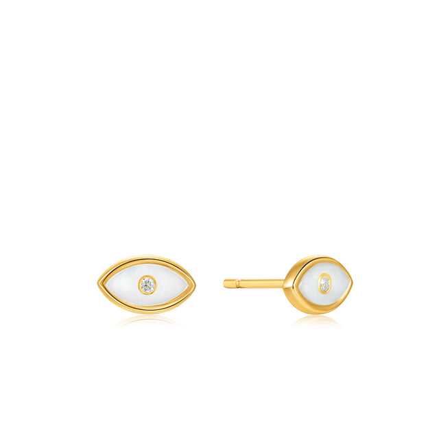 Mother of pearl evil eye stud earrings gold