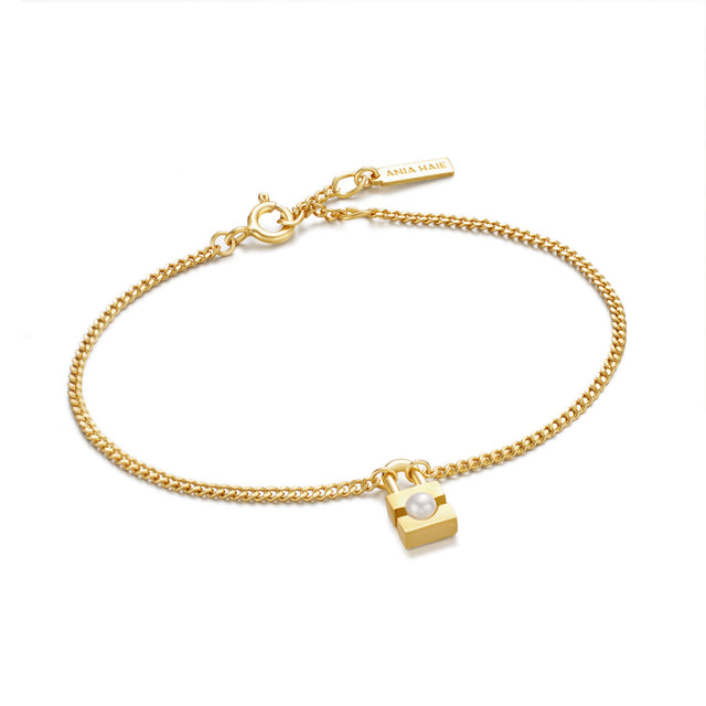 Gold and Pearl modern Muse Padlock Bracelet