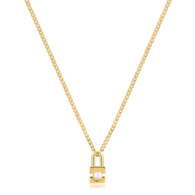 Gold and Pearl Modern Muse Padlock Necklace
