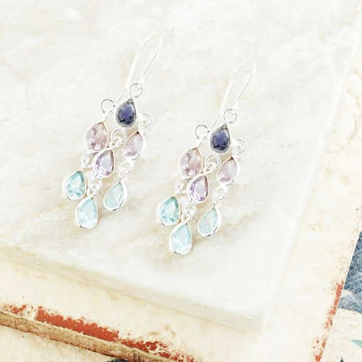 Casade Iolite,Amethyst & Chalcedony Silver Earrings